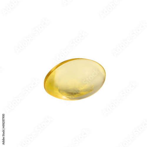 close up macro of single gel tab of fish oil, vitamin D or E supplement on a transparent background with shallow depth of field and copy space