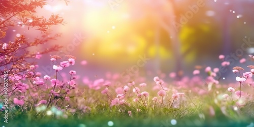 Abstract sunny spring background with blooming flowers and trees © Benjamin
