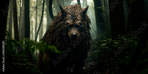 Werewolf in the dark forest, fantasy character, creature concept