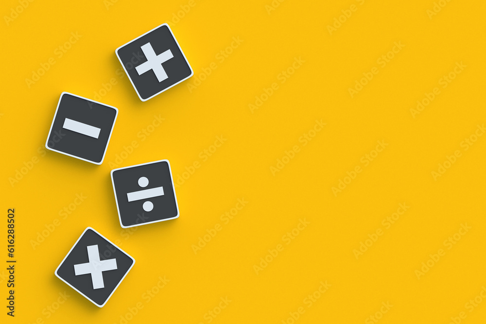 Scattered mathematical symbols on buttons. Plus, minus, multiply, divide. Basic math signs. Exams at school. New theorem. Budget calculation. Elementary arithmetic. Top view. Copy space. 3d render Scattered mathematical symbols on buttons. Plus, minus, multiply, divide. Basic math signs. Exams at school. New theorem. Budget calculation. Elementary arithmetic. Top view. Copy space. 3d render