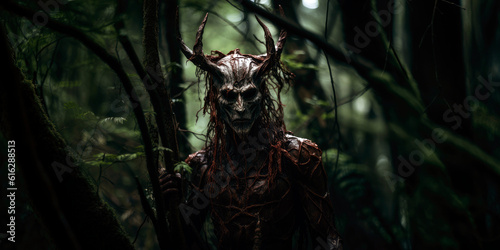 fantasy demon in the dark forest, fantasy character, creature concept