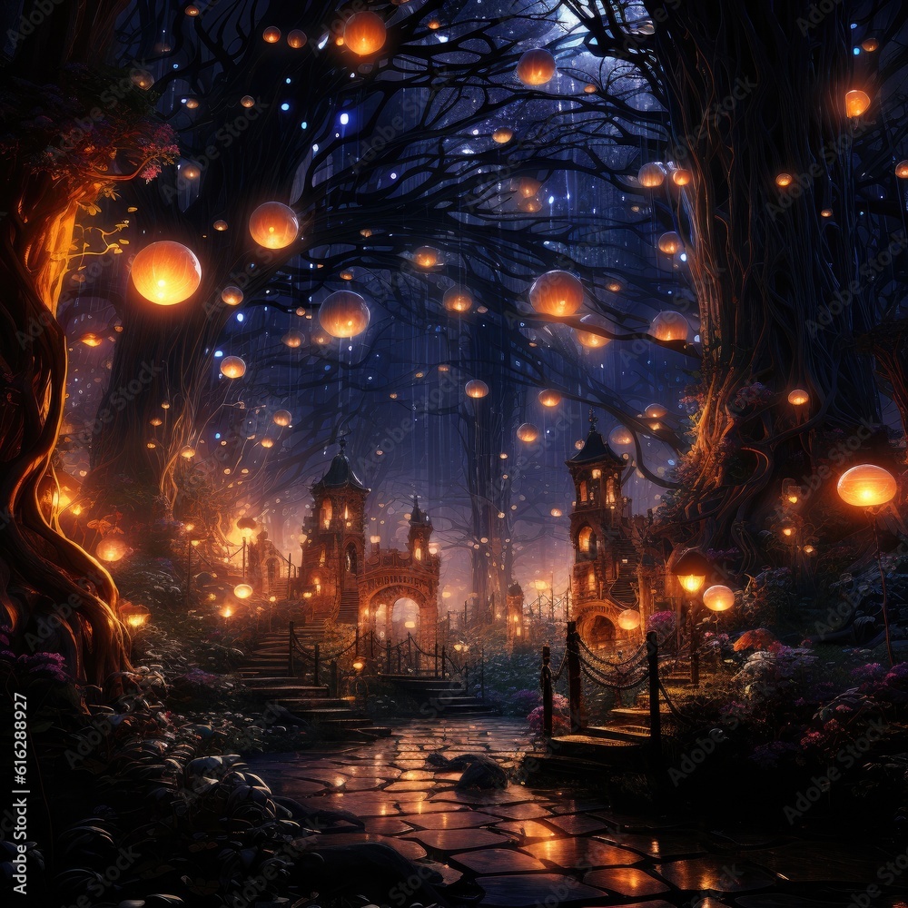 Digital art of a mystical forest shrouded in mist, with ethereal lights and floating orbs, creating an atmosphere of enchantment and mystery, under the moonlit glow filtering through the trees,