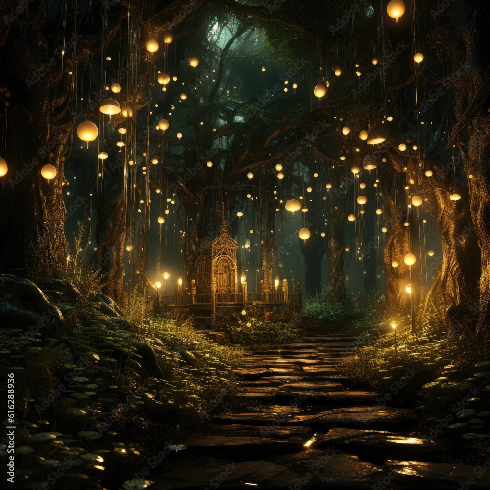 Naklejka premium Digital art of a mystical forest shrouded in mist, with ethereal lights and floating orbs, creating an atmosphere of enchantment and mystery, under the moonlit glow filtering through the trees,