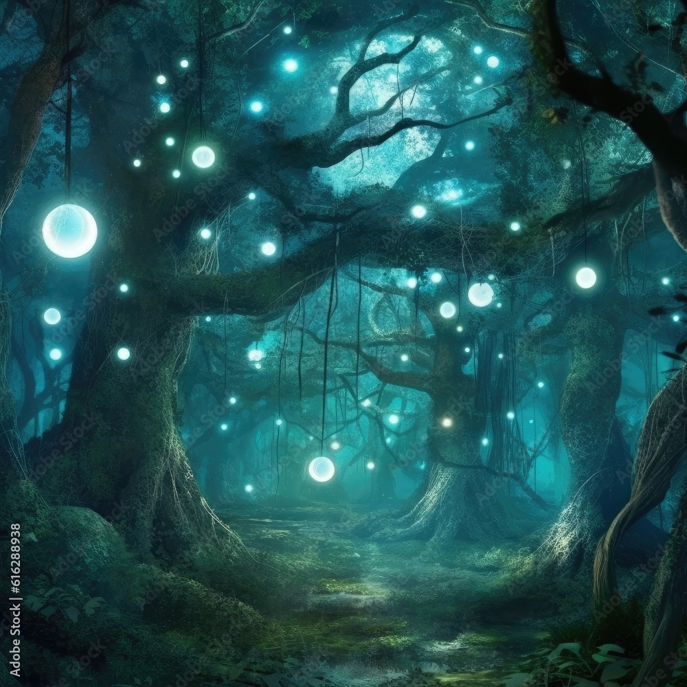 Digital art of a mystical forest shrouded in mist, with ethereal lights ...