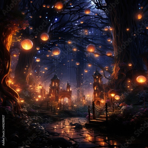 Digital art of a mystical forest shrouded in mist, with ethereal lights and floating orbs, creating an atmosphere of enchantment and mystery, under the moonlit glow filtering through the trees,