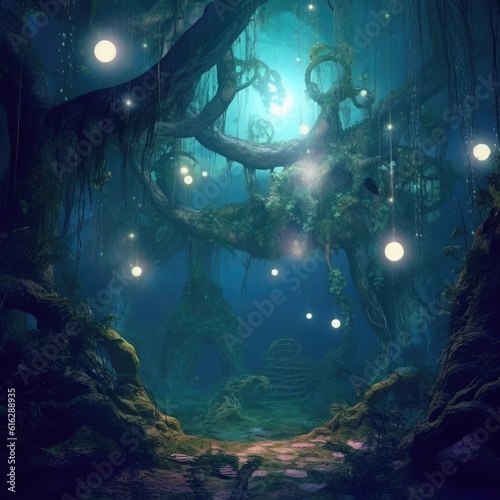 Digital art of a mystical forest shrouded in mist, with ethereal lights and floating orbs, creating an atmosphere of enchantment and mystery, under the moonlit glow filtering through the trees, © Fahad