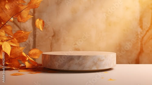 Stone pedestal with orange leaves, fall background. Product display design, minimal mockup template. Generative AI