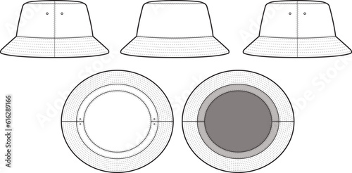 Bucket Hat Technical Drawing Illustration Blank Streetwear Mock-up Template for Design and Tech Packs CAD Sketch Template Headwear