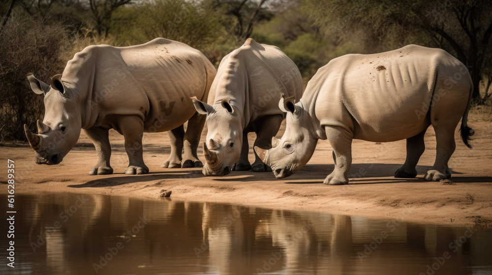 Fototapeta premium several rhinos are standing at a water source in africa. Generative AI