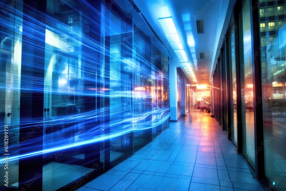 A dynamic shot capturing the flurry of digital networks inside a modern office. Generative AI A dynamic shot capturing the flurry of digital networks inside a modern office. Generative AI