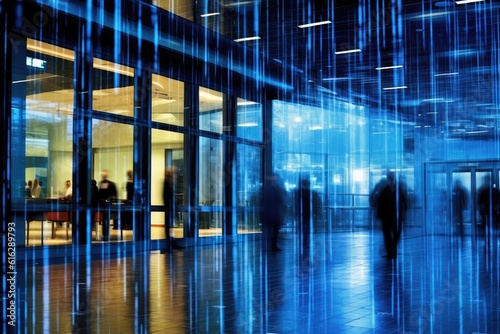 A dynamic shot capturing the flurry of digital networks inside a modern office. Generative AI