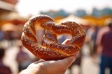 A close - up of a giant pretzel, a staple of Oktoberfest. Generative AI