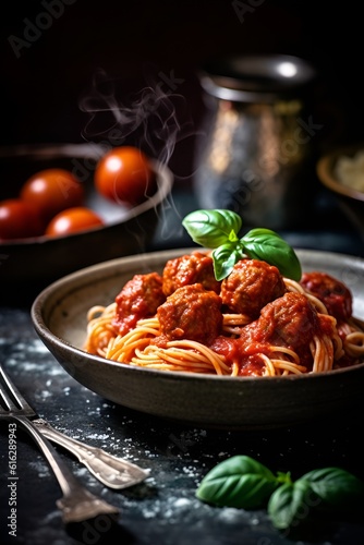 Pasta with meatballs in tomato sauce, AI generated