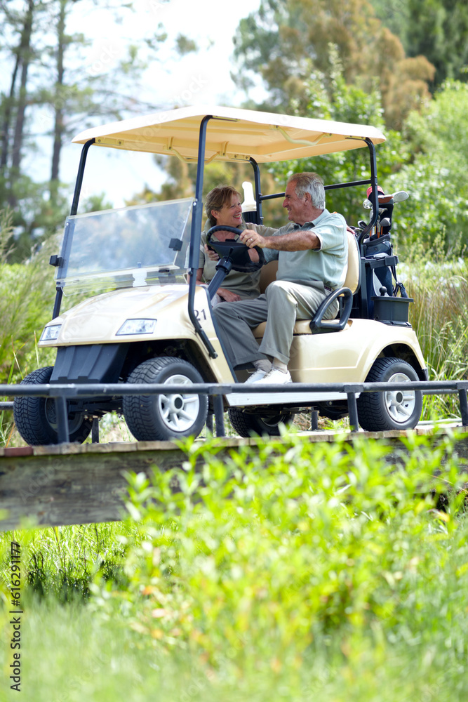 Golf cart, old couple or happy golfers driving on course in fitness workout or exercise while talking together. Mature man driver, senior woman golfing or people training in sports game in retirement