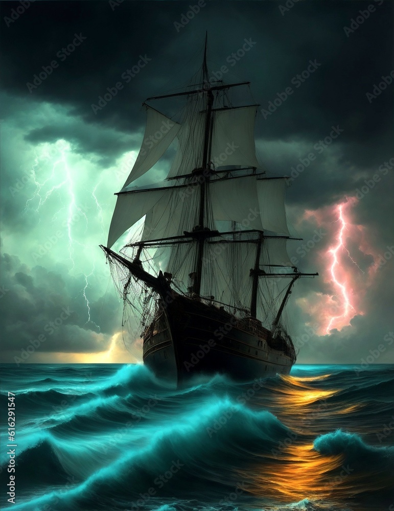 Obraz premium Old fashioned sailing ship on high seas.