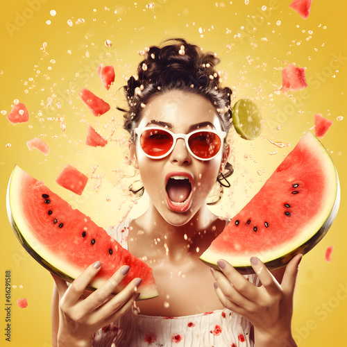 Pastel yellow background, watermelon exploding and splashing juice and black watermelon rinds girl, summer theme, juicy, decaying, 
pieces