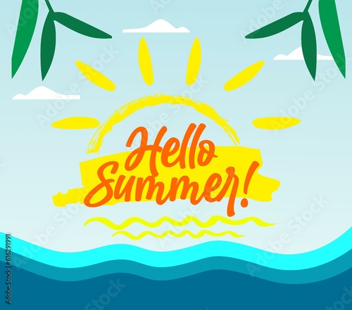 Hello Summer Background. Hello summer illustration concept design. Hello summer text with colorful elements like palm tree, leaves, umbrella and flamingo for tropical holiday season background. 