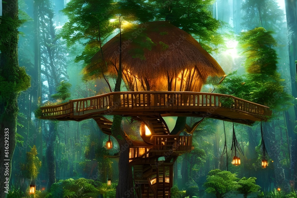 Glowing Tree House Background, Glowing Tree House, Fantasy Background