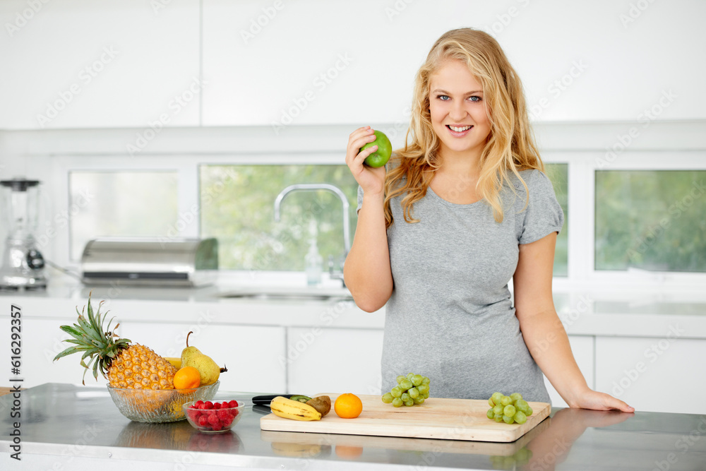 Fruits, apple or portrait of happy woman for healthy lunch or breakfast meal or diet in kitchen at home. Morning snack, smile or vegan girl eating fresh food to lose weight for wellness or gut health Fruits, apple or portrait of happy woman for healthy lunch or breakfast meal or diet in kitchen at home. Morning snack, smile or vegan girl eating fresh food to lose weight for wellness or gut health