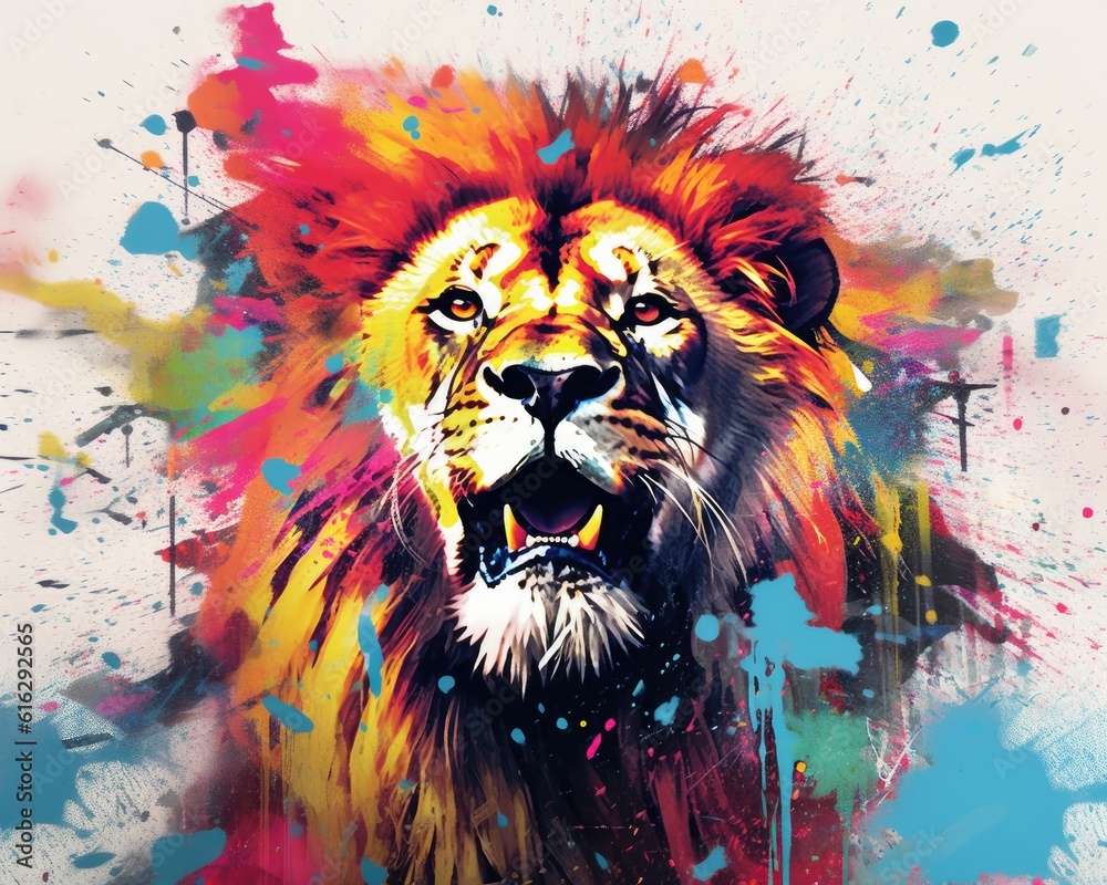 lion  form and spirit through an abstract lens. dynamic and expressive lion print by using bold brushstrokes, splatters, and drips of paint. lion raw power and untamed energy