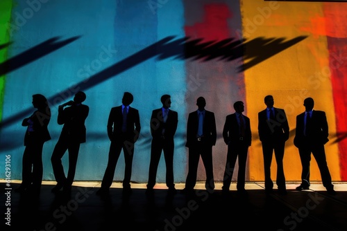 A diverse group of business professionals standing against a vibrant, colorful graffiti wall. Generative AI © Mustafa