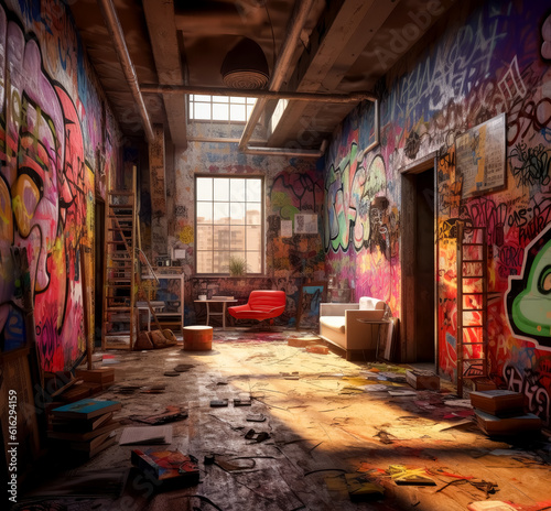 Interior abandoned urban building room with Colorful graffiti on the walls. © Saulo Collado