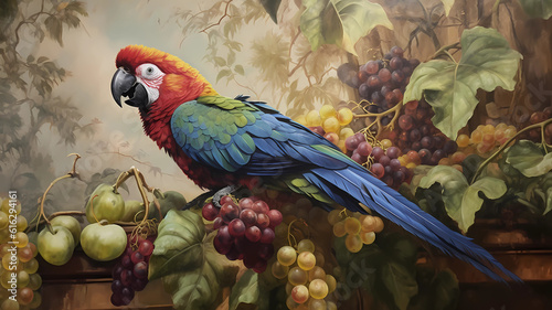 AI Generated photos illustrations of magic parrots or birds on the vines