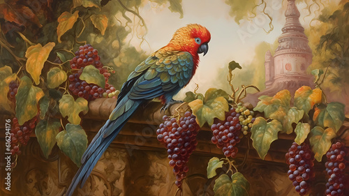 AI Generated photos/illustrations of magic parrots or birds on the vines photo