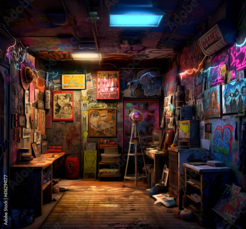 Interior abandoned urban building room with Colorful graffiti on the walls. © Saulo Collado