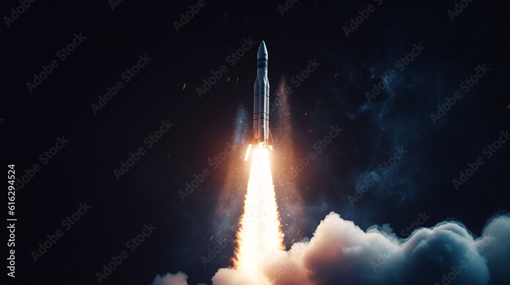 Naklejka premium rocket launching shoots up to sky generative ai