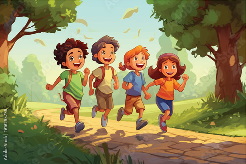 vector illustration of merry children hurry on a path.