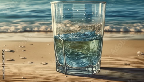 Ice Cold Glass of Water on the Beach