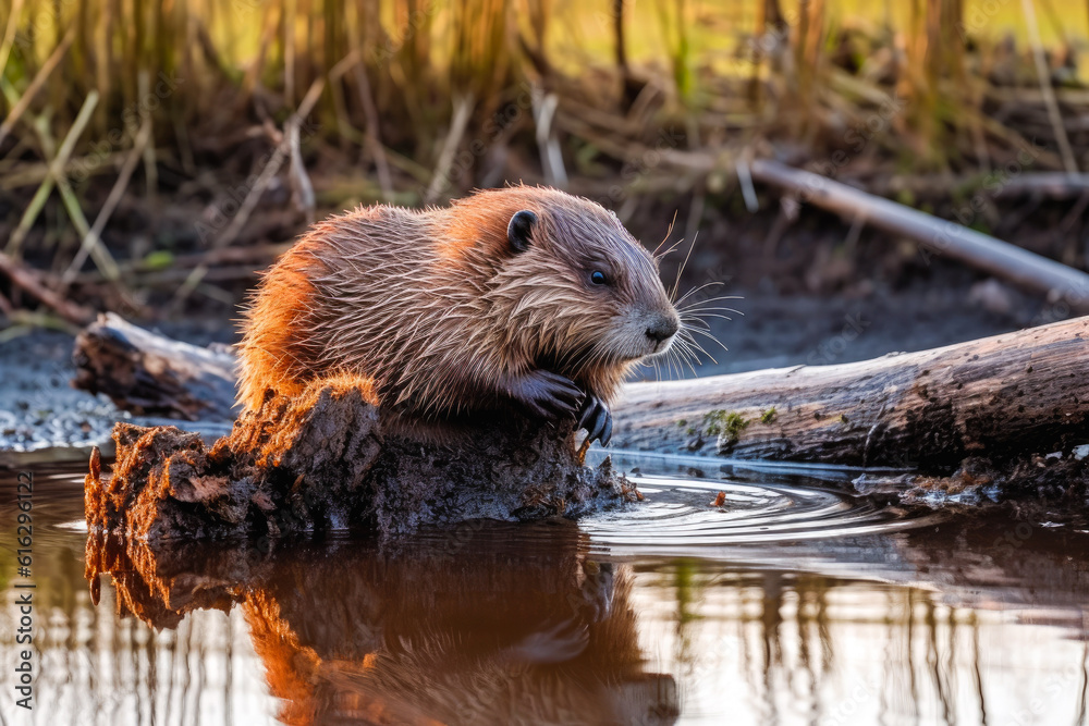 Beaver working on building a dam with found wood on a lake, natural habitat, beautiful animal. Generative AI