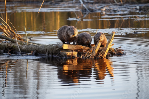 Beavers working on building a dam with found wood on a lake, natural habitat, beautiful animals. Generative AI