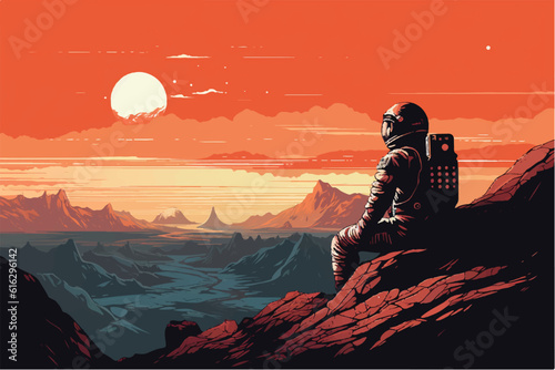 vector illustration of astronaut on planet Mars, sitting on a cliff, watching the Milky Way galaxy.