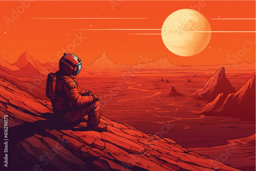 vector illustration of astronaut on planet Mars, sitting on a cliff, watching the Milky Way galaxy.