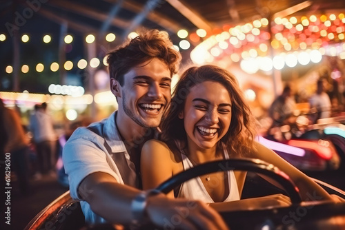 Young attractive smiling couple enjoying ride of bumper cars together at amusement park. Generative AI