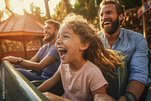 Young family having fun on a roller coaster ride at amusement park. Generative AI