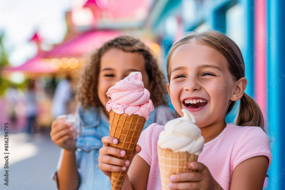 Two young friends eating ice cream and having fun in amusement park, refreshment in theme park. Generative AI Two young friends eating ice cream and having fun in amusement park, refreshment in theme park. Generative AI