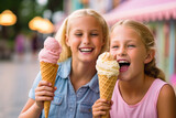 Two young friends eating ice cream and having fun in amusement park, refreshment in theme park. Generative AI