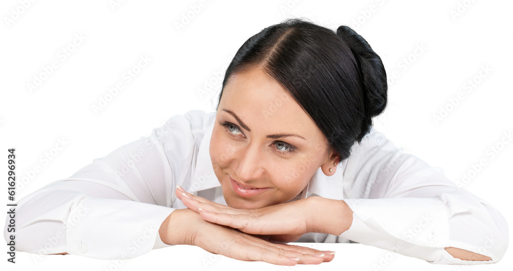 Friendly Woman with Head Resting on Hand - Isolated Friendly Woman with Head Resting on Hand - Isolated