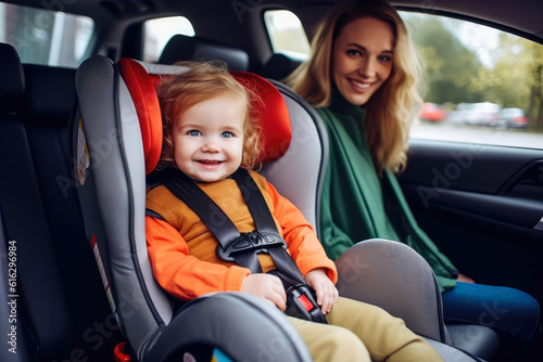 Small child sitting in a safety car seat buckled up beside his mother, both smiling and looking excited for a drive, car safety. Generative AI