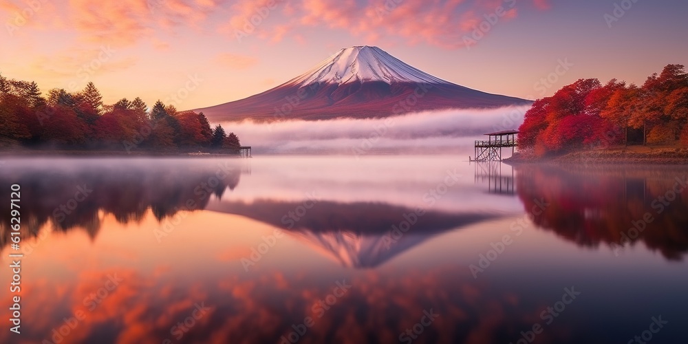 Colorful Autumn Season and Mountain Fuji with morning fog