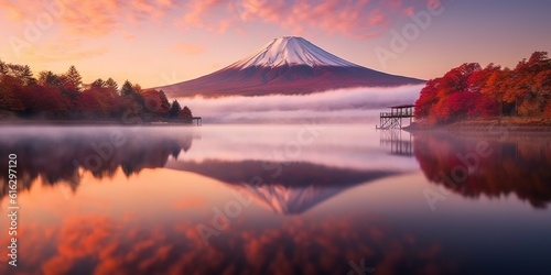 Colorful Autumn Season and Mountain Fuji with morning fog