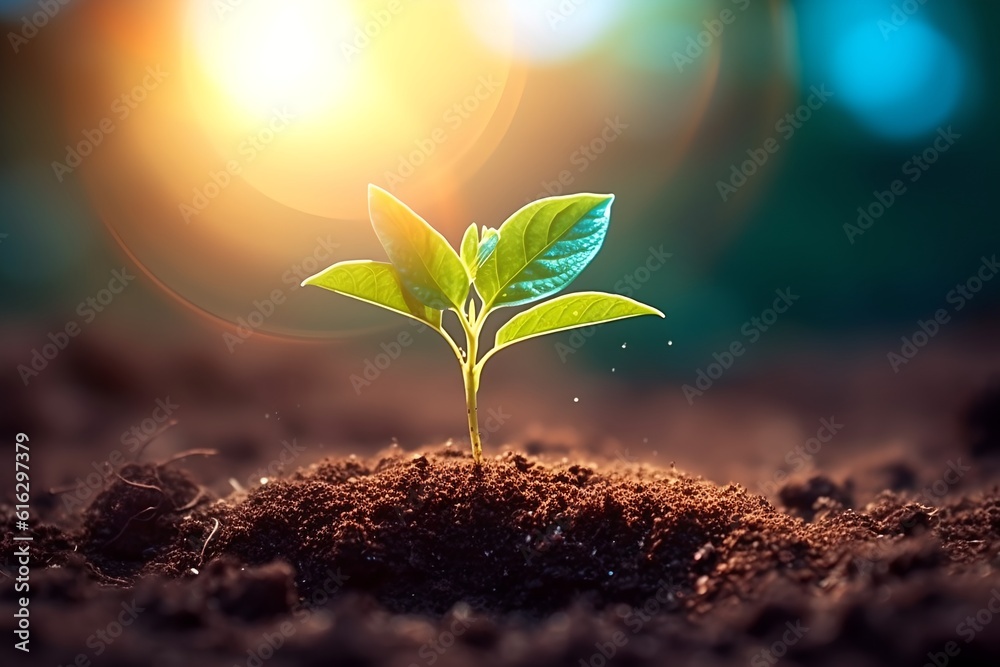 Young plant growing in sunlight, generative ai Young plant growing in sunlight, generative ai