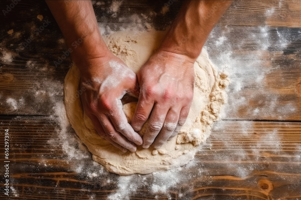 Close up of baker's hands making a dough for bread, top down view, preparing for baking. Generative AI