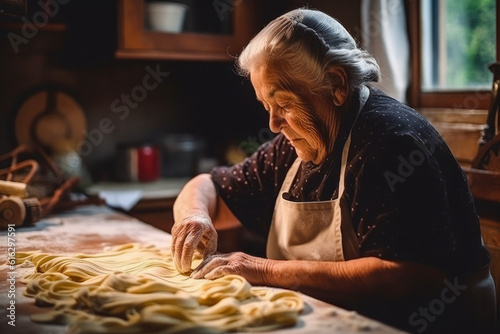 Italian grandmother making homemade pasta from family receipt, delicious hand made pasta. Generative AI