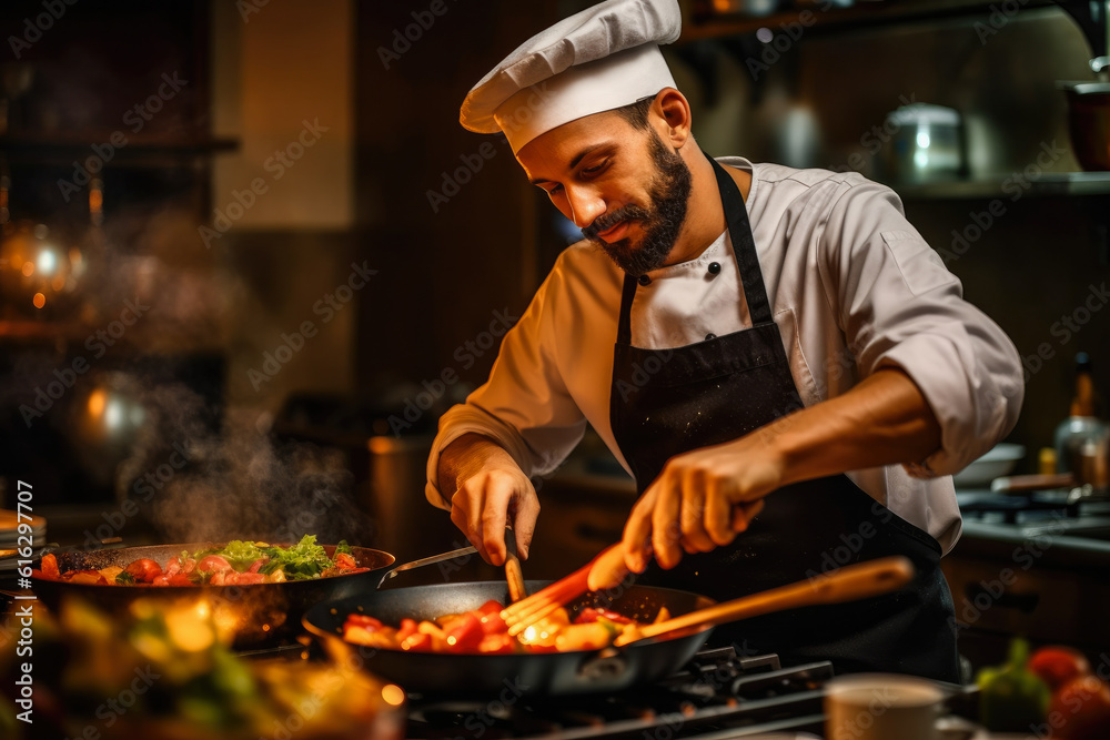 Chef dressed in uniform preparing a restaurant meal, looking professional, culinary experience. Generative AI Chef dressed in uniform preparing a restaurant meal, looking professional, culinary experience. Generative AI