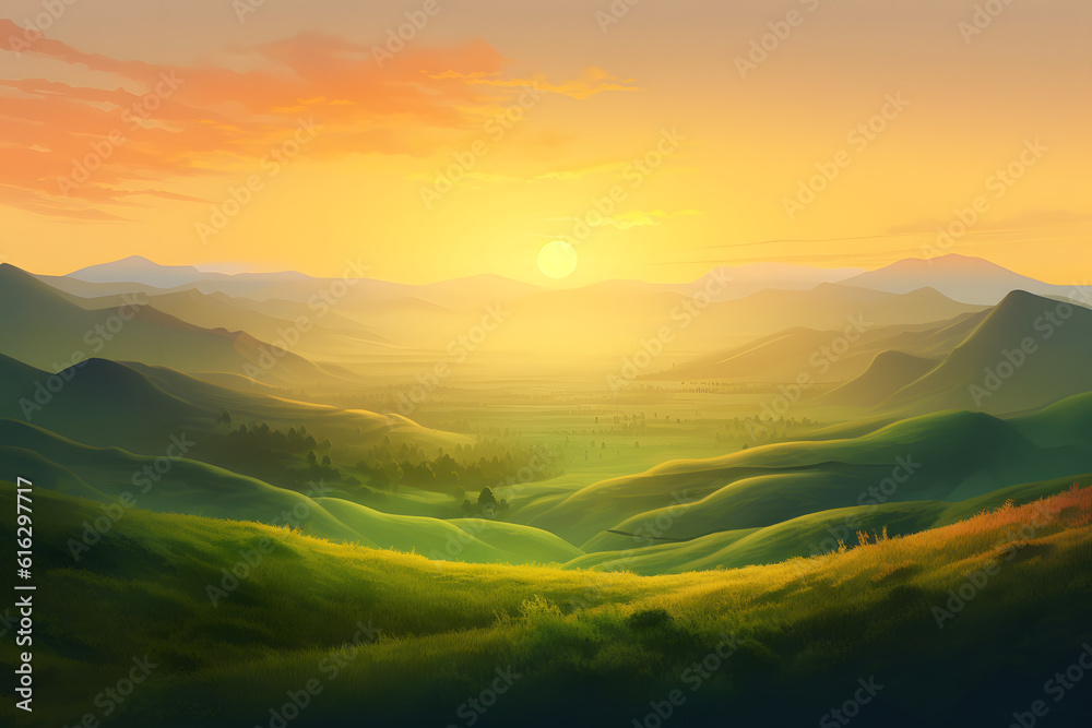 Serene sunrise over rolling hills with morning dew