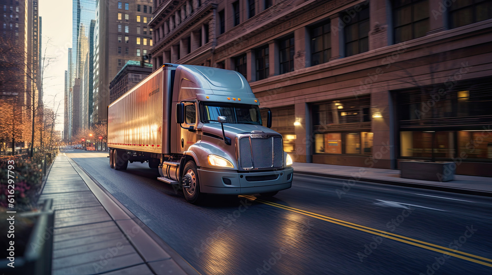 A truck is driving fast on busy city streets